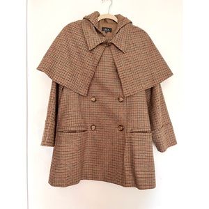 APC Brown Houndstooth Cape 100% Wool Coat XS
